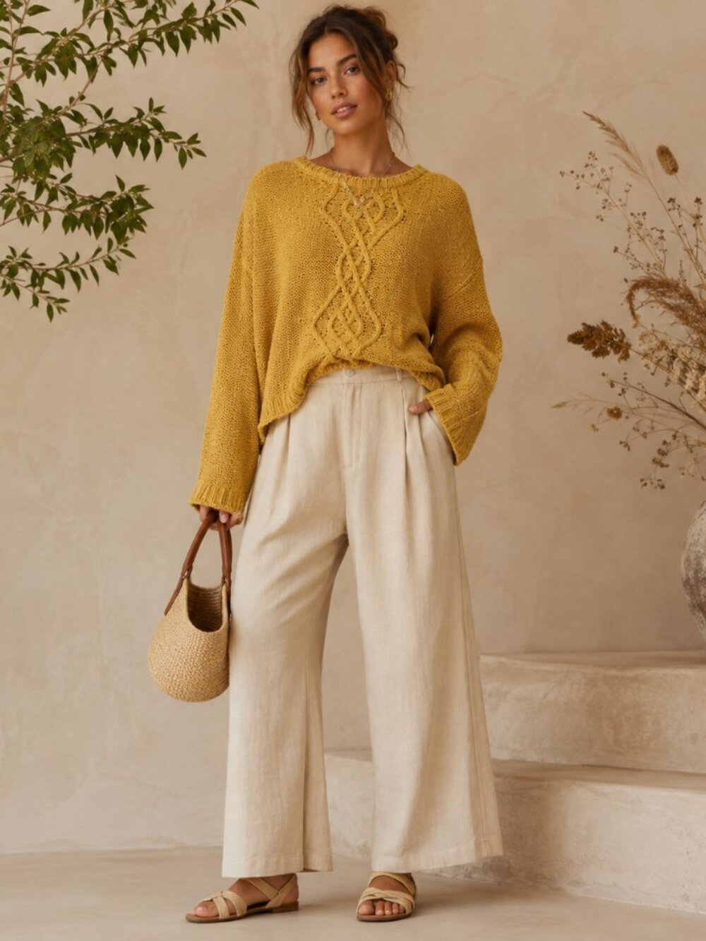 Absolutely Yellow Open Knit Sweater L | Oversized Scalloped Hem Holey Pullover